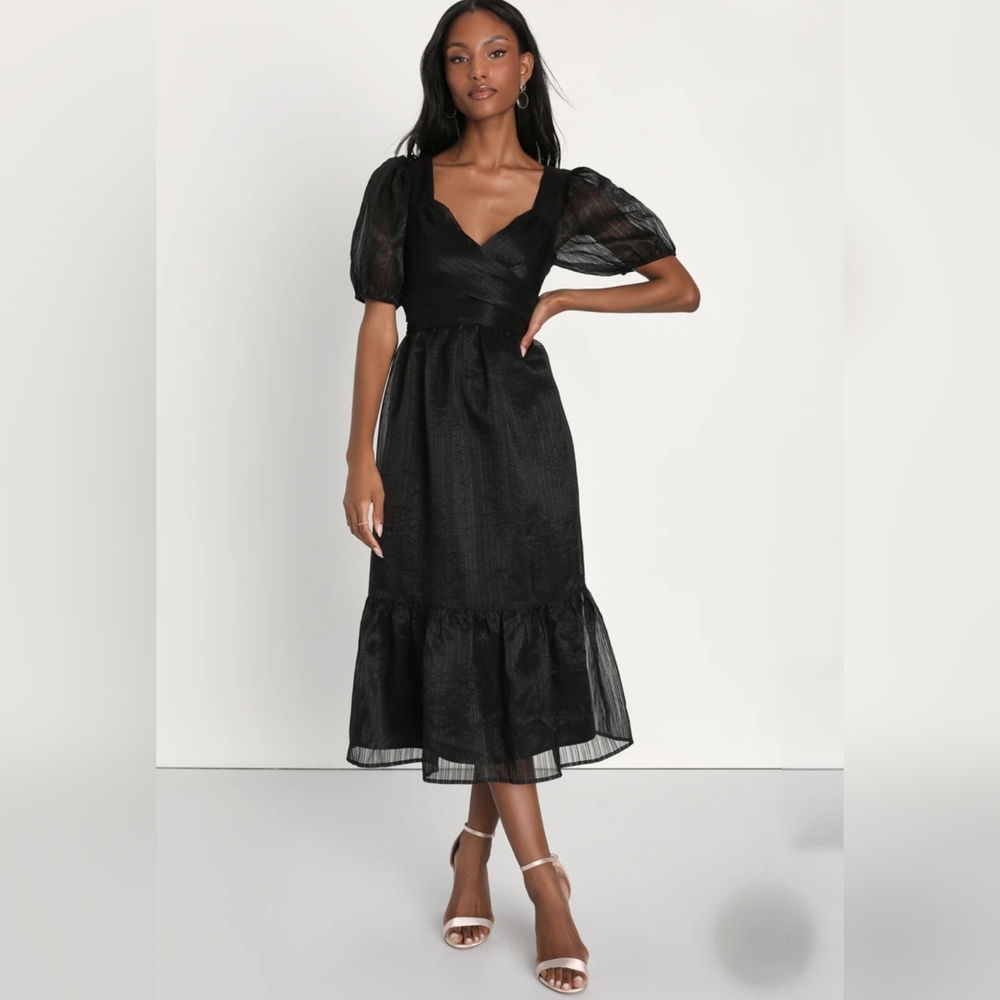 Lulus Black Midi Dress Puff Sleeve Sheer V Neck Fit Flare